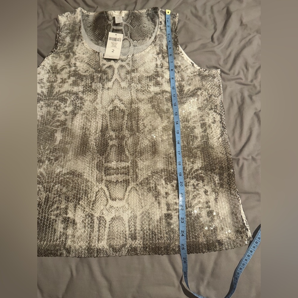 Chicos Neutral Batik Sequined Snake Print Tank Top Sage Green and Cream - Picture 5 of 9
